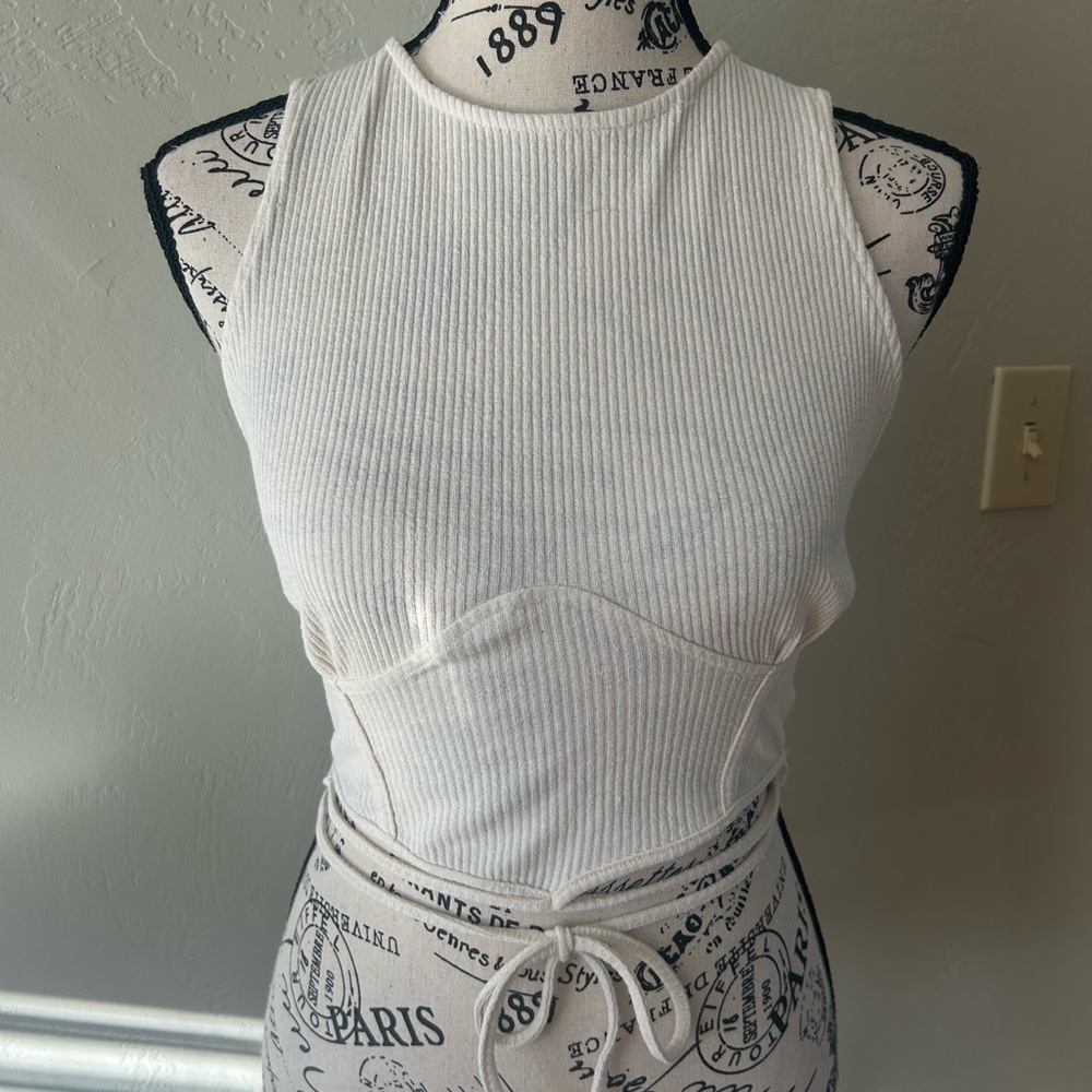 Bershka Cropped Fitted Tank with Scalloped Bust & Waist Tie Accent Size S